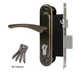 Замок врезной Omega (Омега) цилиндровый с защёлкой в комплекте с ручкой ЗВ7 (бронза), 4 кл.
