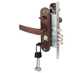 Замок врезной Sam (Сам) сувальдный с защёлкой в компл с ручкой ЗВ9-8.3/13(КЛП5-85)прав (медн ант), 3