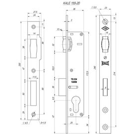 Замок врезной Kale kilit (Кале килит) цилиндровый узкопроф.155 (20 mm) (никель) 3 кл.