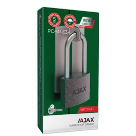 Замок навесной Ajax (Аякс) PD-01-63-L англ. 3 кл. (длин. дужка) коробка