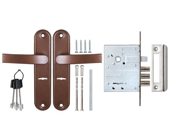 Замок врезной Sam (Сам) сувальдный с защёлкой в комплекте с ручкой ЗВ9-8/13 (медный антик), 3 кл. /8