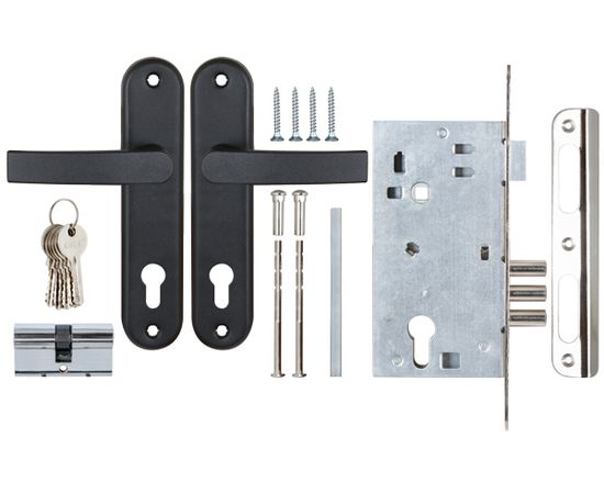 Замок врезной Sam (Сам) цилиндровый с защёлкой в комплекте с ручкой ЗВ4-3 (черный муар), 5 кл. /7840