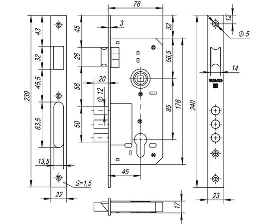 Корпус врезного Fuaro (Фуаро) замка с защёлкой 900 3MR/PB W/B (латунь)