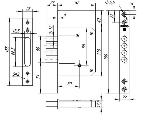 Замок врезной Fuaro (Фуаро) крестообразный 200-4MF/PB (латунь), 5 кл.