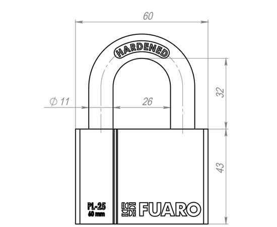 Замок навесной Fuaro (Фуаро) PL-2560 (60 мм) 4 "фин." кл. БЛИСТЕР