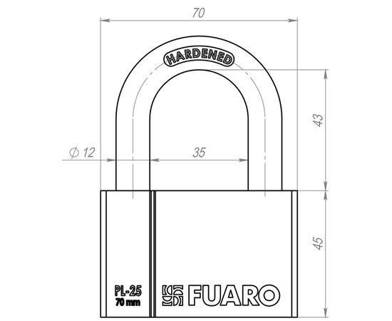 Замок навесной Fuaro (Фуаро) PL-2570 (70 мм) 4 "фин." кл. БЛИСТЕР