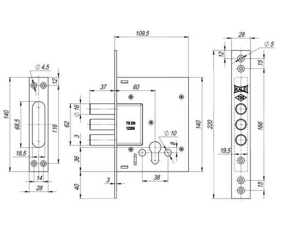 Корпус врезного Kale kilit (Кале килит) цилиндрового замка 257 w/b (тех. комплектация)