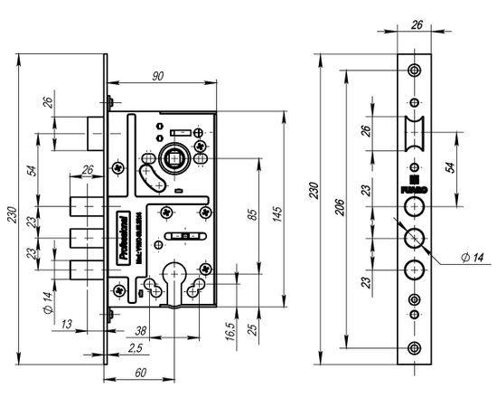 Корпус врезного Fuaro (Фуаро) замка c защёлкой V10/C-60.85.3R14