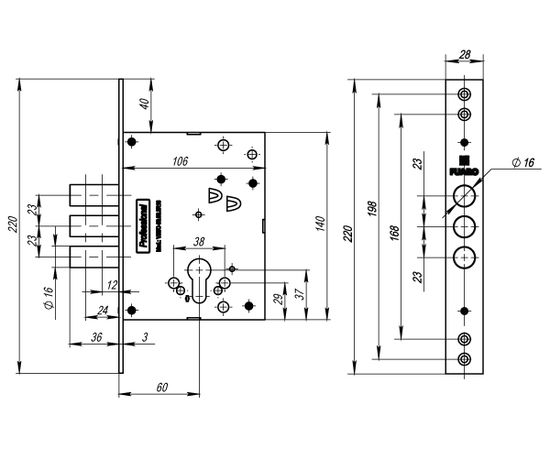 Корпус врезного Fuaro (Фуаро) замка V25/C-60.00.3R16