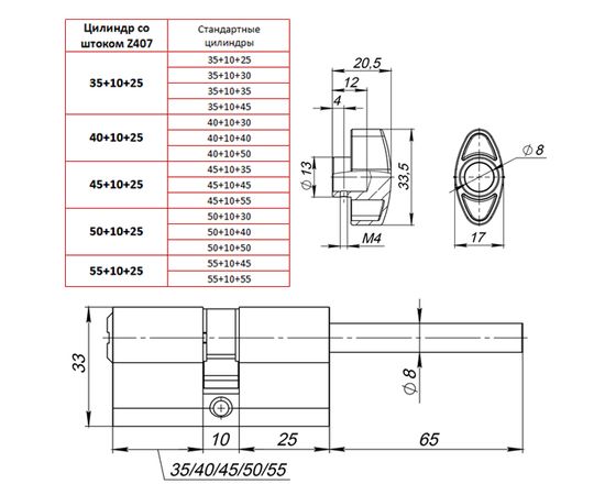 Цилиндровый механизм Punto (Пунто) со штоком Z407/70 mm (35+10+25) CP хром 5 кл.