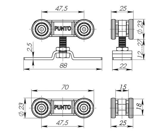Комплект роликов Punto (Пунто) для раздвижных дверей Soft LINE 45/4