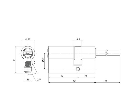 Цилиндровый механизм Guardian (Гардиан) со штоком GB 82 мм (61/21/70SH) Ni никель 5 кл. /128:5077/