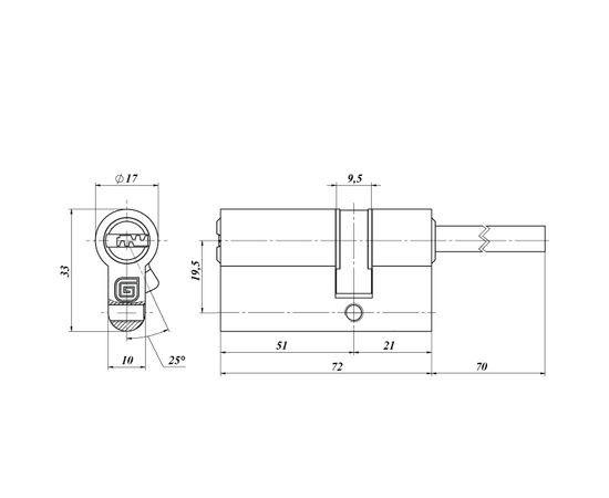 Цилиндровый механизм Guardian (Гардиан) со штоком GB 72 мм (51/21/70SH) G латунь 5 кл. /128:4397/
