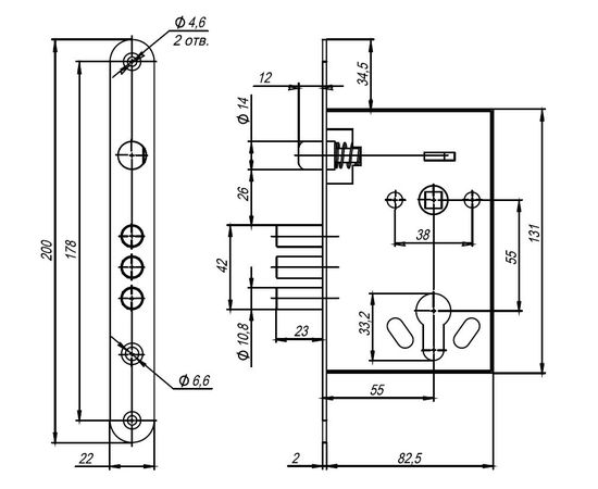 Корпус врезного Ajax (Аякс) замка с ручками на планке  KIT А5-3155/3 W/B