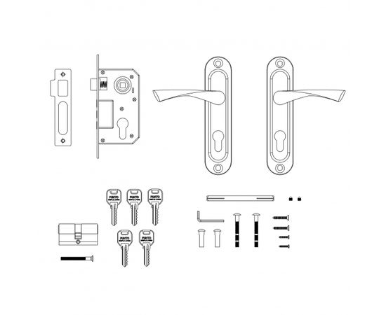 Замок врезной Punto (Пунто) цилиндровый с защёлкой в комплекте с ручкой KIT P15 4061/3 CRONA SN (мат