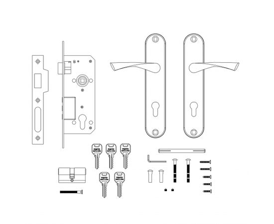 Замок врезной Punto (Пунто) цилиндровый с защёлкой в комплекте с ручкой KIT P90 4585/3 CRONA AB (бро