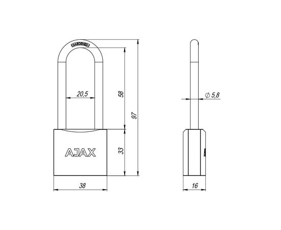 Замок навесной Ajax (Аякс) PD-01-38-L англ. 3 кл. (длин. дужка) коробка