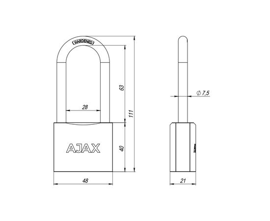 Замок навесной Ajax (Аякс) PD-01-50-L англ. 3 кл. (длин. дужка) коробка